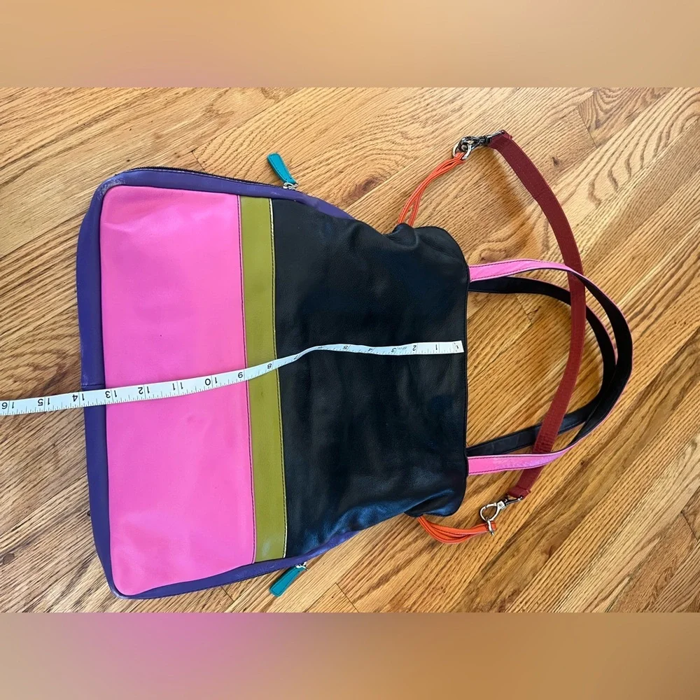 ILI New York Leather Color Block Purse Drawstring Shoulder Multicolor Bright